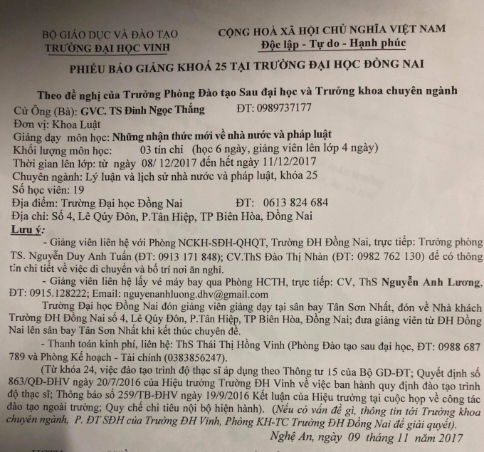 Phiếu b&aacute;o giảng kh&oacute;a K25 của Trường ĐH Vinh.