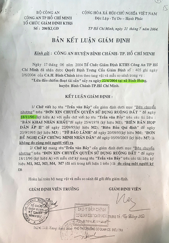 Bản kết luận gi&aacute;m định số 200/KLGĐ ng&agrave;y 21/7/2004 của Tổ chức gi&aacute;m định KTHS C&ocirc;ng an TP HCM.