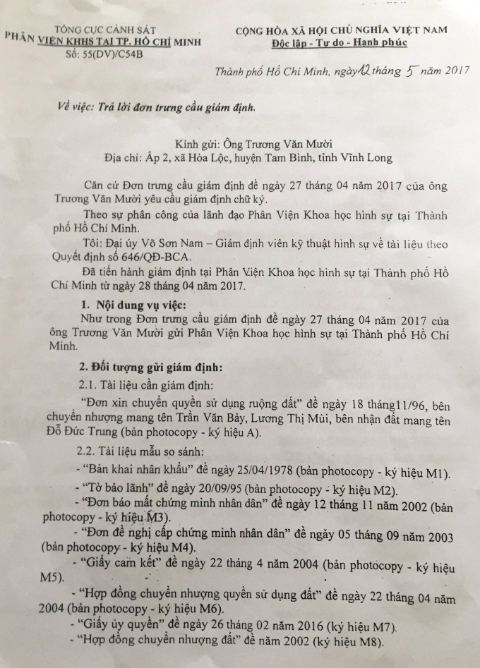 Văn bản của Ph&acirc;n viện Khoa học h&igrave;nh sự (Tổng cục Cảnh s&aacute;t) tại TP HCM...