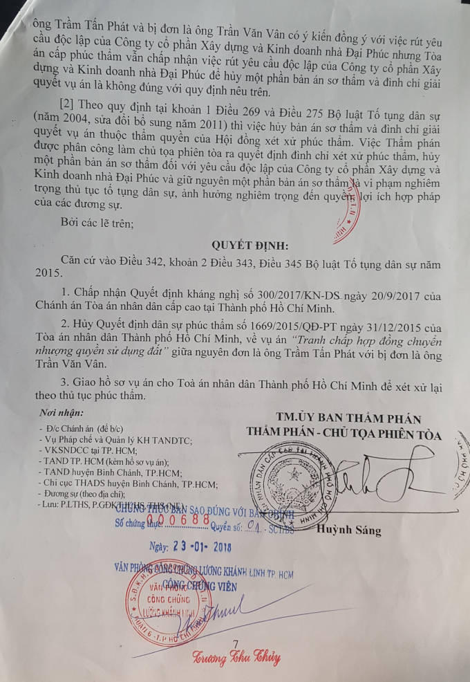Ủy ban Thẩm ph&aacute;n TAND Cấp cao tại TP HCM đ&atilde; Quyết định chấp nhận Quyết định kh&aacute;ng nghị của Ch&aacute;nh &aacute;n TAND Cấp cao tại TP HCM; Hủy Quyết định d&acirc;n dự Ph&uacute;c thẩm số 1669/2015/QĐ-PT của TAND TP HCM.