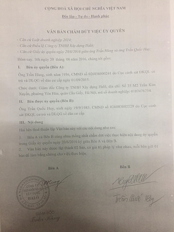 Văn bản chấm dứt ủy quyền