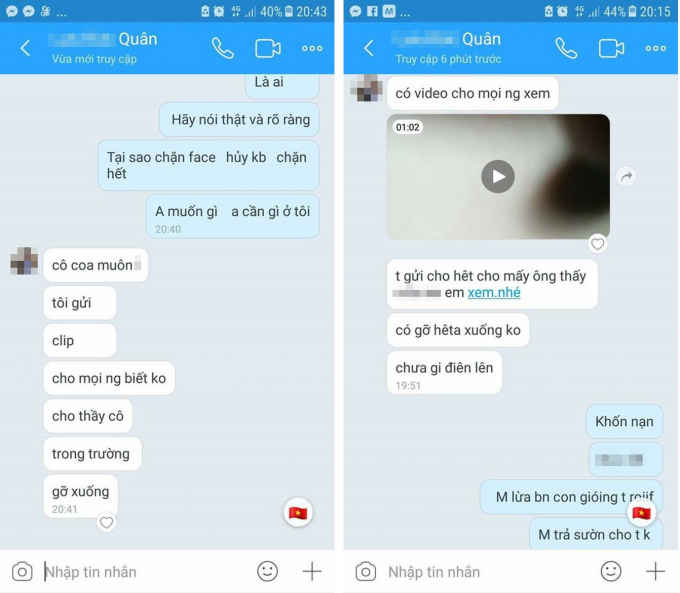 Tin nhắn thể hiện nội dung nam thanh ni&ecirc;n d&ugrave;ng clip n&oacute;ng để đe dọa M.T - Ảnh: FBNV
