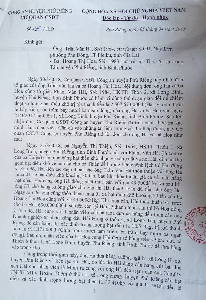 Văn bản của C&ocirc;ng an huyện Ph&uacute; Riềng cho rằng Hải kh&ocirc;ng lừa đảo đ&atilde; kh&ocirc;ng được sự đồng thuận của người d&acirc;n