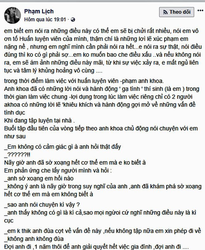 H&igrave;nh ảnh d&ograve;ng trạng th&aacute;i&nbsp;Phạm Lịch&nbsp;tố c&aacute;o huấn luyện vi&ecirc;n của m&igrave;nh về h&agrave;nh động gạ gẫm c&ocirc; trong thời gian 2 người l&agrave;m việc chung trong khi trước đ&oacute; c&ocirc; đ&atilde; từng chỉ tr&iacute;ch việc v&ocirc; tr&aacute;ch nhiệm v&agrave; bỏ b&ecirc; c&ocirc;ng việc của giọng ca