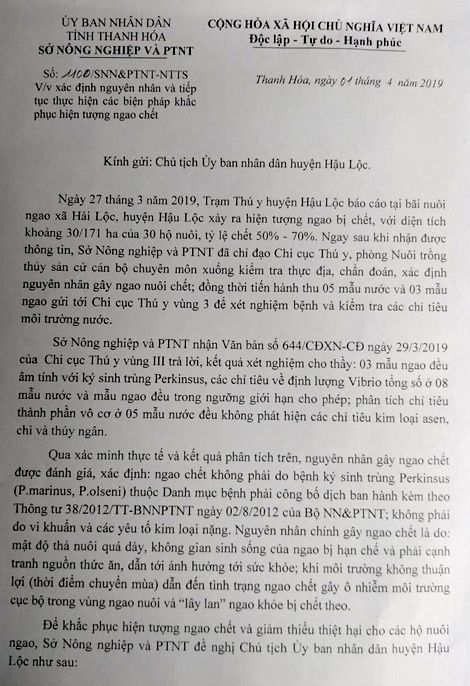 Kết luận nguy&ecirc;n nh&acirc;n ngao ch&eacute;t h&agrave;ng loạt của Sở n&ocirc;ng nghiệp v&agrave; Ph&aacute;t triển n&ocirc;ng th&ocirc;n tỉnh Thanh H&oacute;a