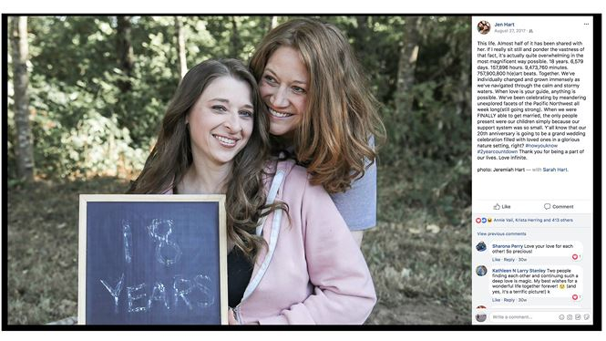 Năm 2017, Sarah (tr&aacute;i) v&agrave; Jennifer (phải) kỷ niệm 18 năm l&agrave; vợ chồng. Ảnh: Oregonlive.