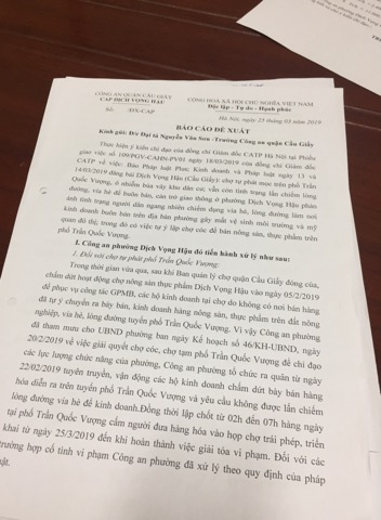 C&ocirc;ng an phường Dịch Vọng Hậu đ&atilde; c&oacute; đề xuất l&ecirc;n c&ocirc;ng an quận Cầu Giấy, UBND phường Dịch Vọng Hậu về kế hoạch đối với chợ tr&ecirc;n phố Trần Quốc Vượng.