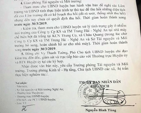 C&ocirc;ng văn y&ecirc;u cầu kiểm tra, xử l&yacute; t&igrave;nh trạng g&acirc;y &ocirc; nhiễm m&ocirc;i trường ở C&ocirc;ng ty CP Kho&aacute;ng sản v&agrave; TM Trung Hải - Nghệ An của Chủ tịch UBND huyện Quỳ Hợp.