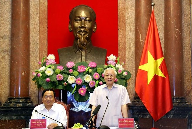 Tổng B&iacute; thư, Chủ tịch nước&nbsp;Nguyễn Ph&uacute; Trọng&nbsp;n&oacute;i hoạt động của Mặt trận c&aacute;c cấp ng&agrave;y c&agrave;ng b&agrave;i bản, hiệu quả v&agrave; thiết thực.