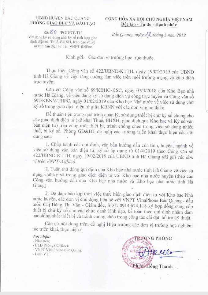 Văn bản số 80/PGDĐT-TH của Trưởng ph&ograve;ng GD&amp;amp;amp;ĐT huyện Bắc Quang &ocirc;ng Phạm Hồng Thanh k&yacute; gửi c&aacute;c trường trực thuộc bị y&ecirc;u cầu thu hồi.