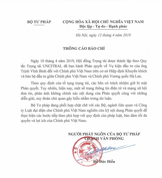 Th&ocirc;ng c&aacute;o b&aacute;o ch&iacute;&nbsp;về Vụ kiện đầu tư của &ocirc;ng&nbsp;Trịnh Vĩnh B&igrave;nh.