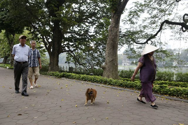 Người gi&agrave; thả bộ chầm chậm b&ecirc;n bờ hồ Ho&agrave;n Kiếm.