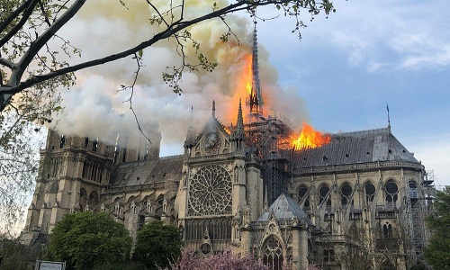 Đ&aacute;m ch&aacute;y nh&igrave;n từ vườn hoa, b&ecirc;n h&ocirc;ng phải nh&agrave; thờ. Ảnh: Parisien.