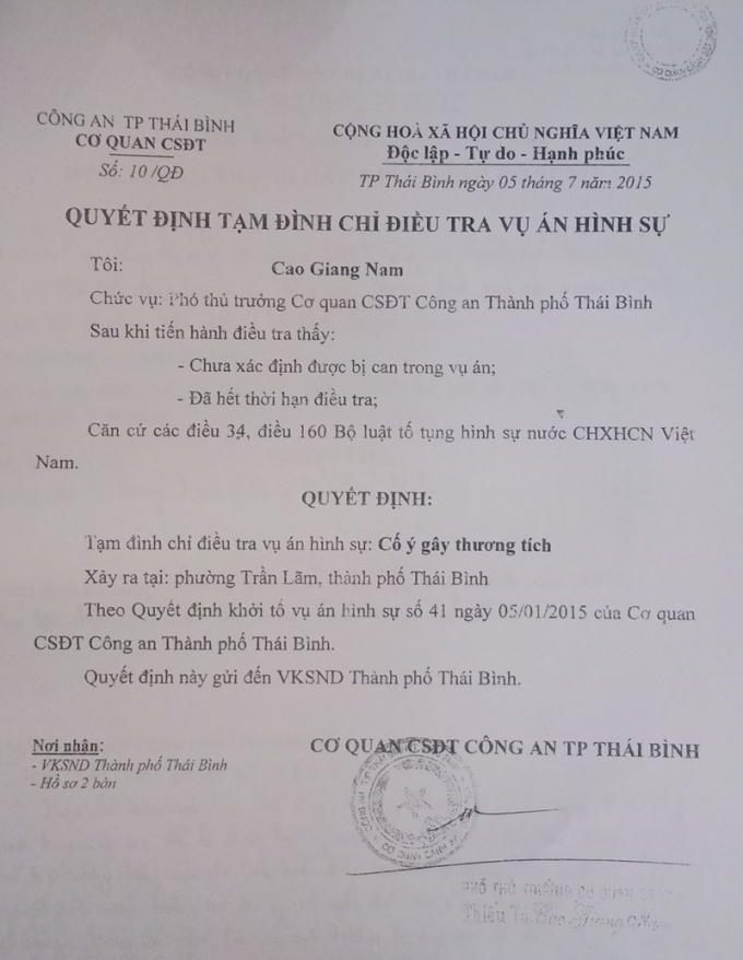 Quyết định tạm đ&igrave;nh chỉ điều tra vụ &aacute;n của cơ quan c&ocirc;ng an