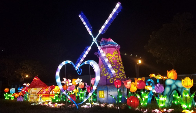 M&ocirc; h&igrave;nh cối xay gi&oacute; v&agrave; vườn hoa tulip đặc trưng của H&agrave; Lan.