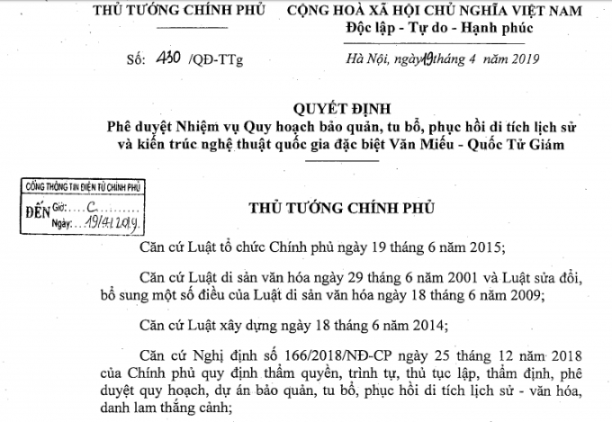 Quyết định số: 430/ QĐ-TTg, Ph&ecirc; duyệt&nbsp;Nhiệm vụ Quy hoạch bảo quản, tu bổ, phục hồi di t&iacute;ch lịch sử v&agrave; kiến tr&uacute;c nghệ thuật quốc gia đặc biệt Văn Miếu - Quốc Tử Gi&aacute;m. (Ảnh: Chụp m&agrave;n h&igrave;nh)