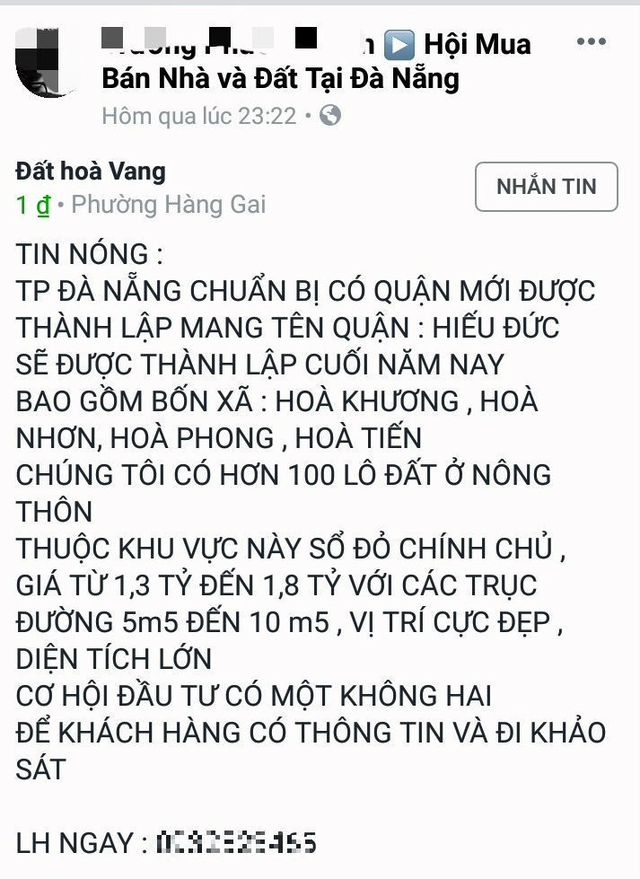 C&ograve; đất tung tin đồn Đ&agrave; Nẵng c&oacute; quận mới tr&ecirc;n mạng x&atilde; hội để thổi gi&aacute; đất.