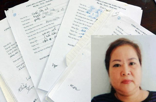 Người vay tiền của H&agrave; Thị Nga (ảnh nhỏ) chỉ cần một bi&ecirc;n bản ghi số tiền, thời gian vay, thời gian trả nợ. Số tiền l&atilde;i suất kh&ocirc;ng được ghi v&agrave;o giấy vay nợ nhưng được hai b&ecirc;n thỏa thuận miệng với mức từ 3-5 ngh&igrave;n đồng/triệu/ng&agrave;y.