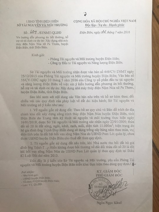 C&ocirc;ng văn trả lời của Sở TN&amp;amp;amp;MT tỉnh Điện Bi&ecirc;n