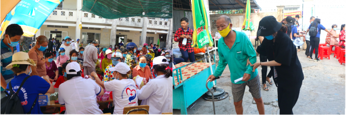 Hàng trăm người dân đảo Nam Du đến địa điểm khám bệnh nhân đạo từ sáng sớm để chờ đến lượt được khám (hình trái), thậm chí có người đi lại khó khăn, phải nhờ sự trợ giúp của tình nguyện viên (hình phải)