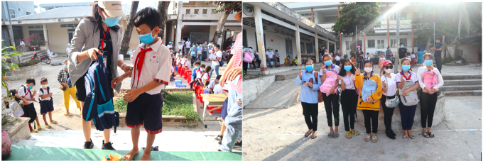 Các em thiếu nhi địa phương vô cùng hồ hởi khi được tặng balô kèm các dụng cụ học tập