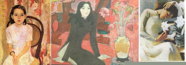 Các tác phẩm 'Em Thúy,' 'Thiếu nữ bên hoa sen,' 'Thiếu nữ bên hoa huệ.' (Ảnh: Tổng hợp)