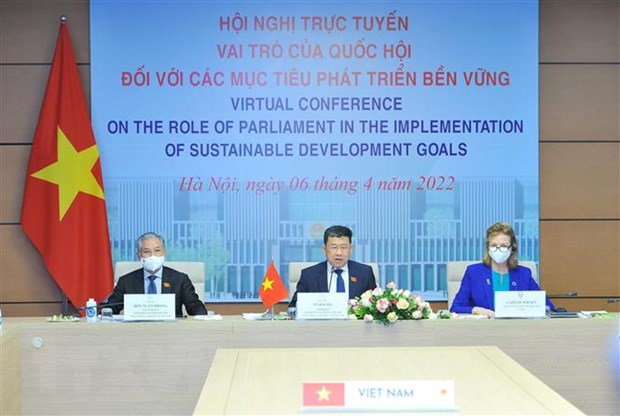 Chủ nhiệm Ủy ban Đối ngoại của Quốc hội Vũ Hải Hà phát biểu tại hội nghị. (Ảnh: Minh Đức/TTXVN)