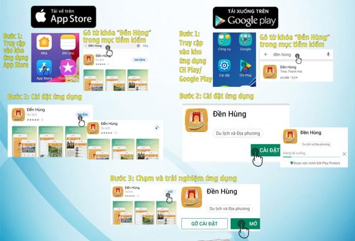 Truy cập kho ứng dụng App Store hoặc CH Play/Google Play -&amp;gt; gõ từ khóa “Đền Hùng” hoặc “Den Hung” để tải và cài đặt ứng dụng.