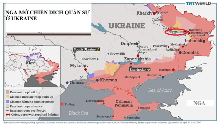 Nga kiểm soát thêm thành phố Kreminna (khoanh đỏ) ở miền Đông Ukraine và tấn công hàng loạt mục tiêu trên khắp Ukraine ngày 17/4 (Bản đồ: TRT).