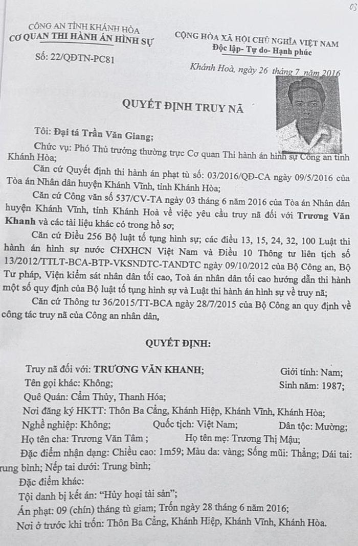 Quyết định truy nã của Công an tỉnh Khánh Hòa đối với Trương Văn Khanh.