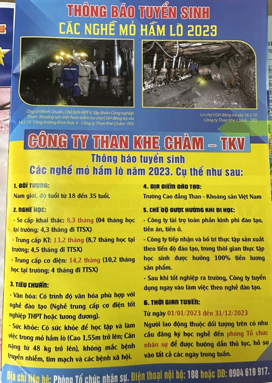 Công ty than Khe Chàm trực thuộc Tập đoàn công nghiệp than - Khoáng sản Việt Nam thông báo tuyển sinh các nghề mỏ hầm lò trong năm 2023 .