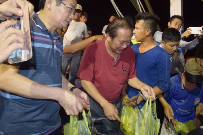 Bộ trưởng Bộ Th&ocirc;ng tin v&agrave; Truyền th&ocirc;ng Trương Minh Tuấn&nbsp;đ&atilde; xuống những chiếc t&agrave;u c&aacute; của b&agrave; con&nbsp;ngư d&acirc;n Quảng B&igrave;nh cập cảng đầu ti&ecirc;n&nbsp;để mua c&aacute;.