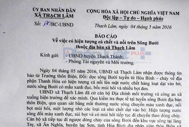 C&ocirc;ng văn k&ecirc;u cứu của UBND x&atilde; Thạch L&acirc;m đề nghị c&aacute;c cơ quan chức năng v&agrave;o cuộc t&igrave;m nguy&ecirc;n nh&acirc;n c&aacute; chết h&agrave;ng loạt. (Ảnh: A. Thắng)