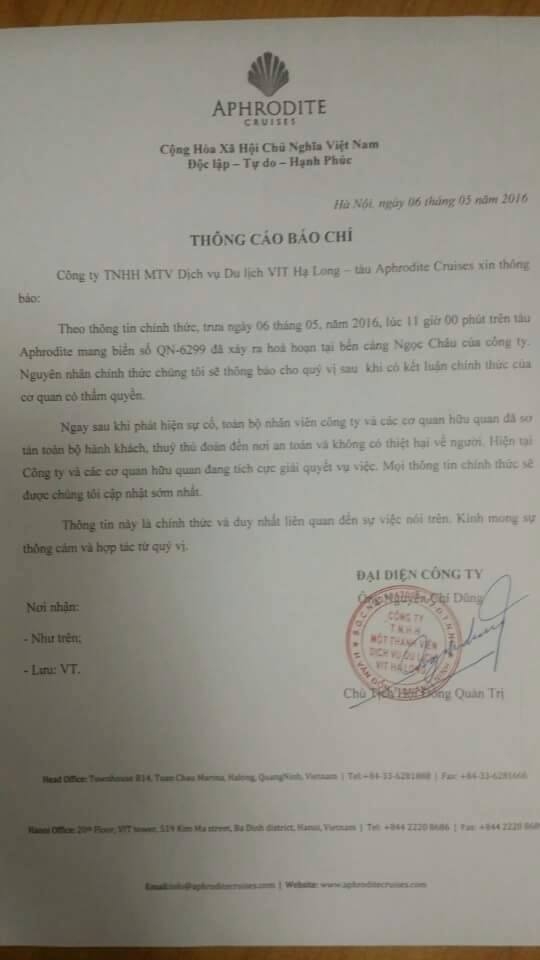 Th&ocirc;ng c&aacute;o b&aacute;o ch&iacute; ch&iacute;nh thức từ&nbsp;C&ocirc;ng ty TNHH 1TV Dịch vụ du lịchVIT Hạ Long.