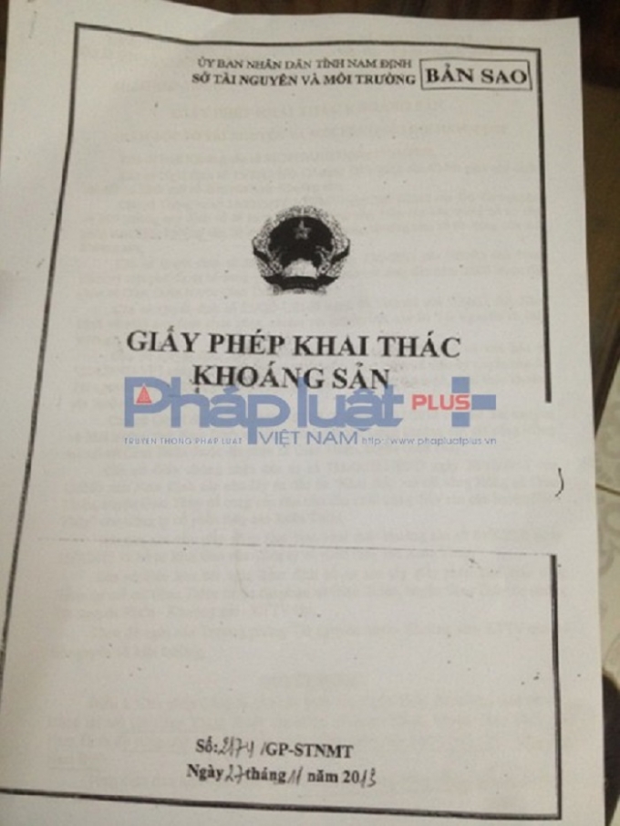Giấy ph&eacute;p khai th&aacute;c kho&aacute;ng sản số 2174/GP-STNMT.