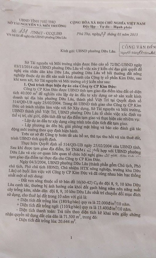 C&ocirc;ng văn 131 của Sở TN&amp;amp;amp;MT Ph&uacute; Thọ ng&agrave;y 27/01/2015. (ảnh: Thu Hường)