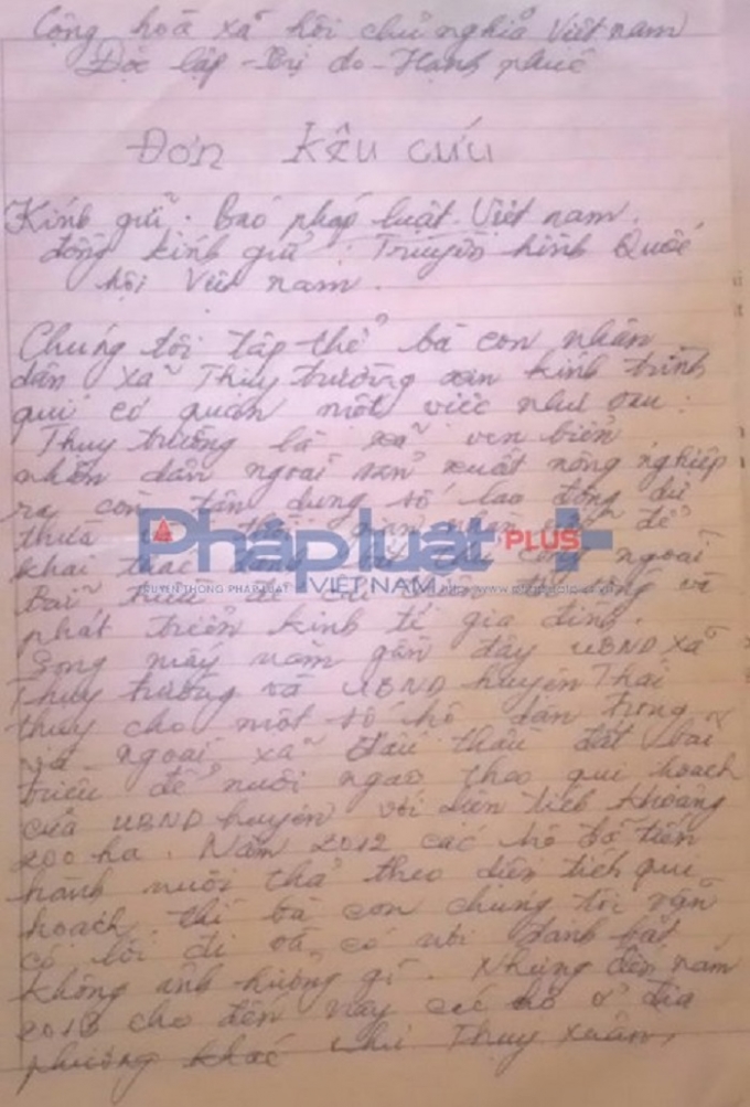 Đơn k&ecirc;u cứu của b&agrave; con ngư d&acirc;n x&atilde; Thụy Trường (huyện Th&aacute;i Thụy, tỉnh Th&aacute;i B&igrave;nh).