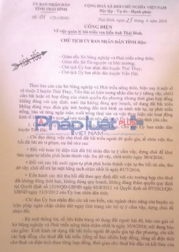 C&ocirc;ng điện hỏa tốc số 01-CĐ/UBND do Chủ tịch tỉnh Th&aacute;i B&igrave;nh Nguyễn Hồng Di&ecirc;n k&yacute; ng&agrave;y 25/4/2016 về việc quản l&yacute; b&atilde;i triều ven biển tỉnh Th&aacute;i B&igrave;nh.