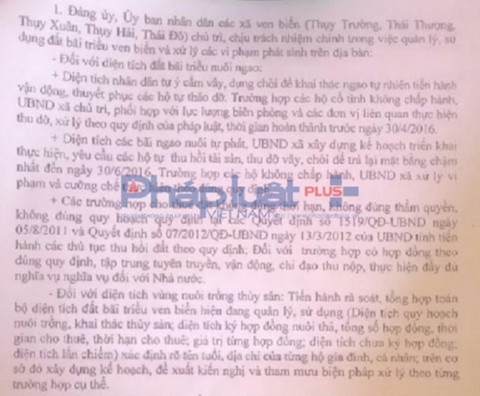 Kết luận của Chủ tịch UBND huyện Th&aacute;i Thụy (tỉnh Th&aacute;i B&igrave;nh) tại cuộc họp b&aacute;o c&aacute;o t&igrave;nh h&igrave;nh c&ocirc;ng t&aacute;c quản l&yacute;, sử dụng b&atilde;i triều ven biển ng&agrave;y 28/4. &nbsp;