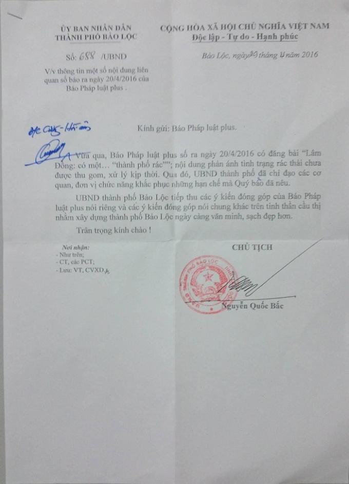 C&ocirc;ng văn UBND TP Bảo Lộc (L&acirc;m Đồng) phản hồi th&ocirc;ng tin sau b&agrave;i viết tr&ecirc;n Ph&aacute;p luật Plus.&nbsp;