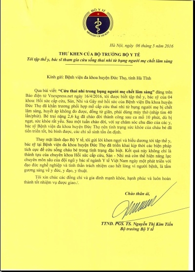 To&agrave;n văn thư khen của Bộ trưởng Bộ Y tế