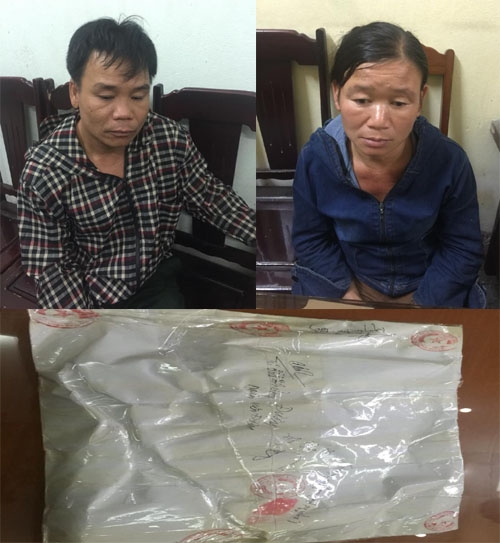 Vợ chồng &ocirc;ng Thưởng c&ugrave;ng tang vật c&oacute; li&ecirc;n quan. Ảnh: C&ocirc;ng an Thanh H&oacute;a cung cấp.