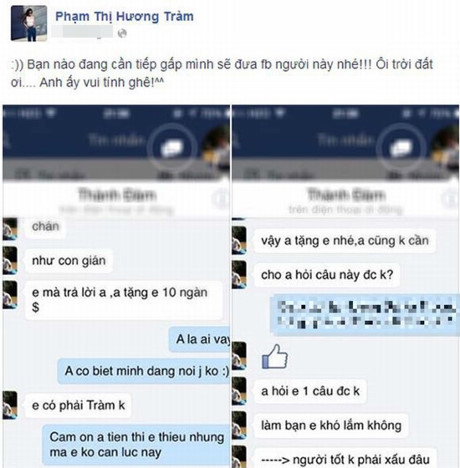 Hương Tr&agrave;m c&ocirc;ng khai tin nhắn gạ t&igrave;nh hồi 5/2014.