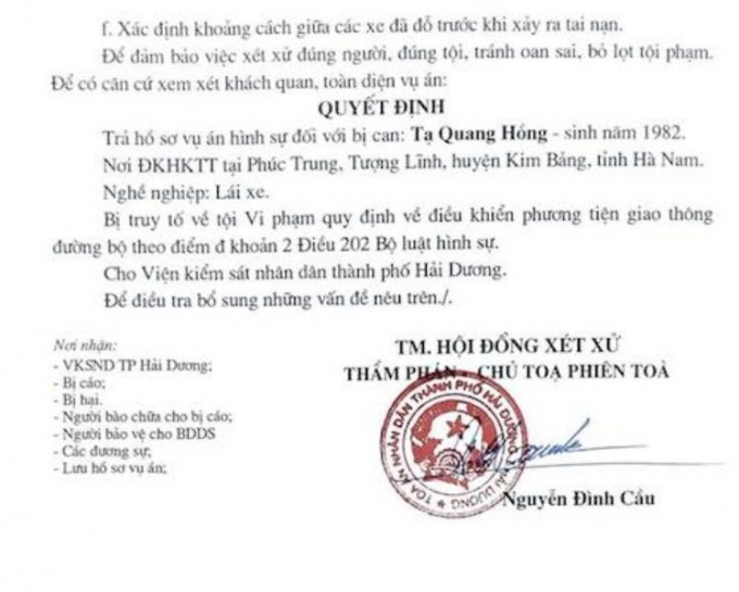 Quyết định trả hồ sơ điều tra bổ sung của TAND TP Hải Dương.