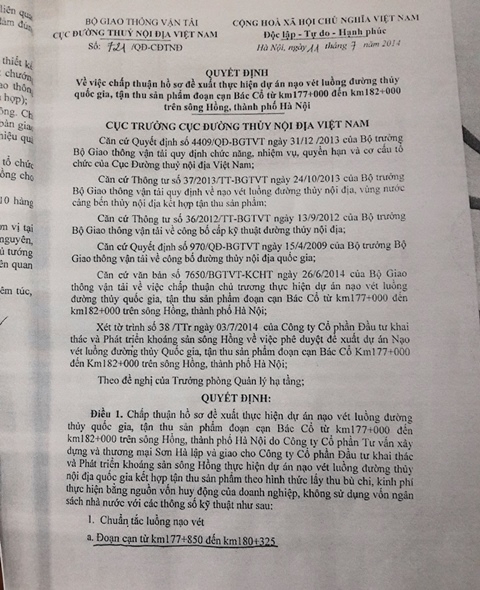 Kh&ocirc;ng &iacute;t doanh nghiệp dựa v&agrave;o việc chấp thuận nạo v&eacute;t luồng đường thủy quốc gia do Cục đường thủy nội địa Việt Nam cấp để ngang nhi&ecirc;n khai th&aacute;c c&aacute;t một c&aacute;ch tr&aacute; h&igrave;nh.