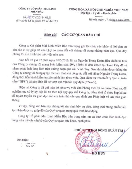 Nội dung th&ocirc;ng b&aacute;o của C&ocirc;ng ty Cổ phần Mai Linh Miền Bắc n&oacute;i về sự việc.