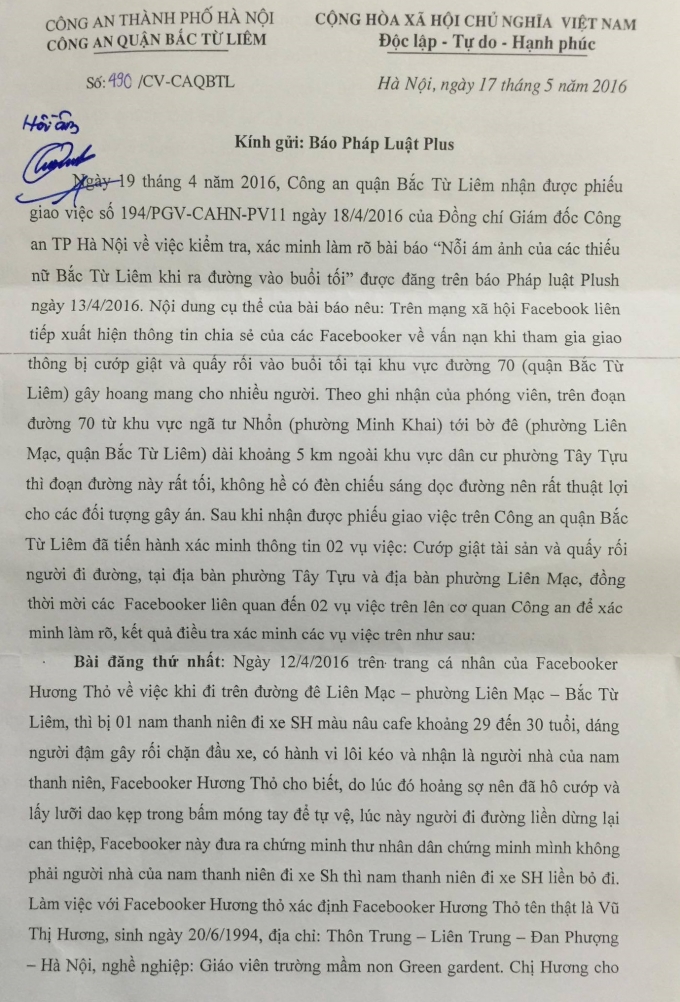 C&ocirc;ng văn ph&uacute;c đ&aacute;p của C&ocirc;ng an quận Bắc Từ Li&ecirc;m gửi T&ograve;a soạn Ph&aacute;p luật Plus.