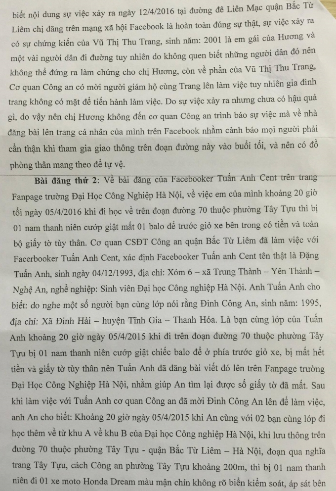 Nội dung x&aacute;c minh của C&ocirc;ng an quận Bắc Từ Li&ecirc;m về th&ocirc;ng tin T&ograve;a soạn Ph&aacute;p luật Plus phản &aacute;nh.