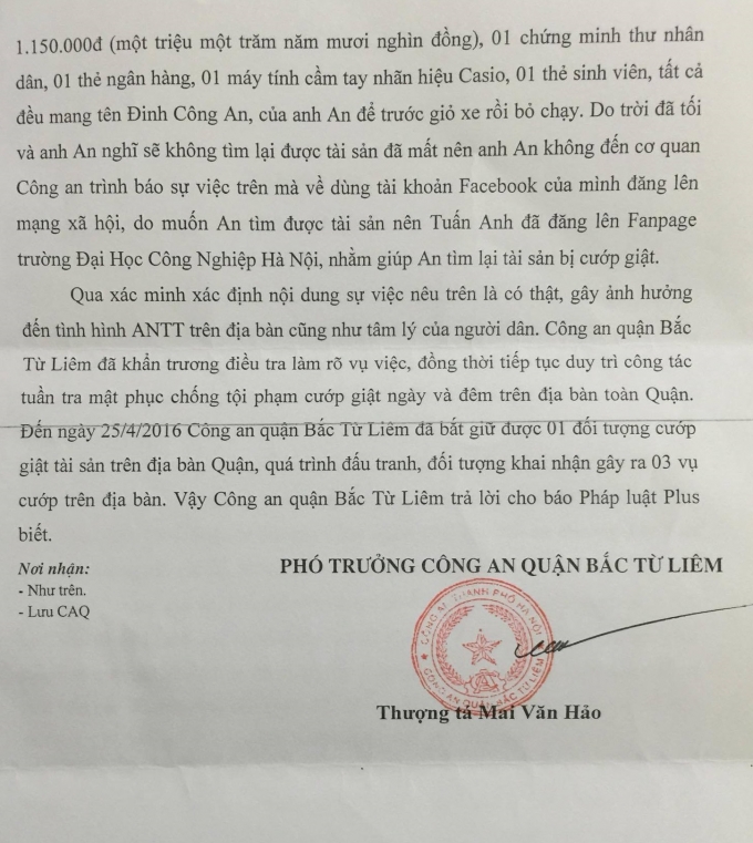 Kết luận của cơ quan C&ocirc;ng an quận Bắc Từ Li&ecirc;m trong c&ocirc;ng văn ph&uacute;c đ&aacute;p gửi T&ograve;a soạn Ph&aacute;p luật Plus.