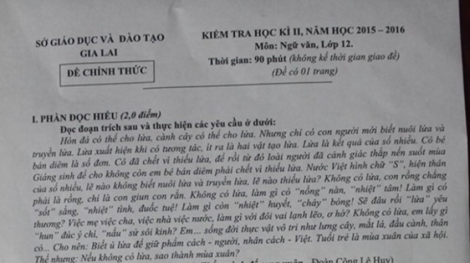Đề thi g&acirc;y nhiều tranh c&atilde;i của sở GD&amp;amp;amp;ĐT Gia Lai.